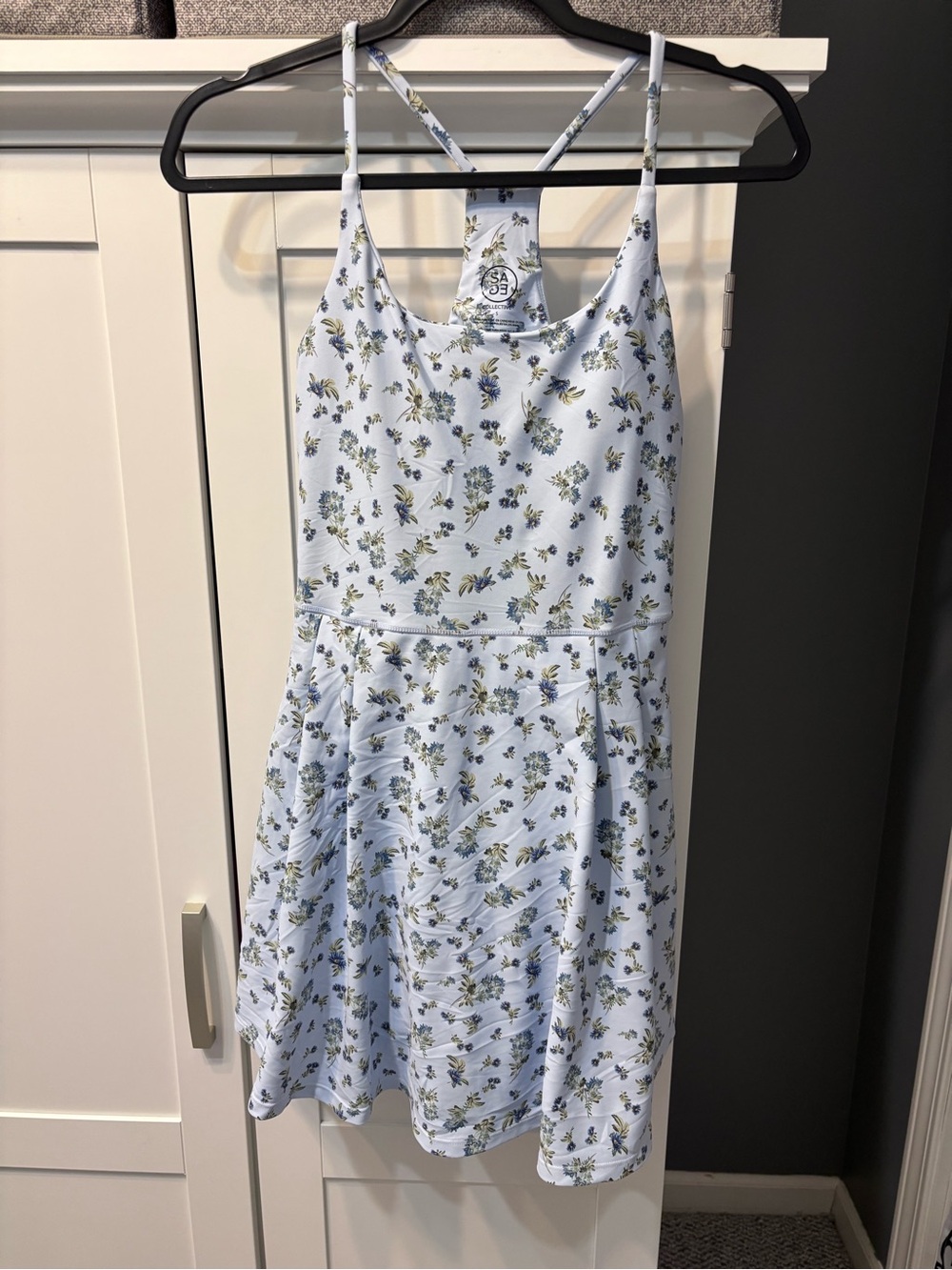 Sage Light Blue and Green Floral Racerback Mini Athletic Dress Sz S NWOT Pockets
